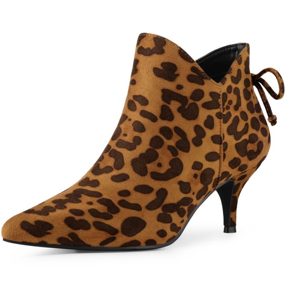 Pointed Toe Bow Zip Kitten Heel Leopard Ankle Booties for Women